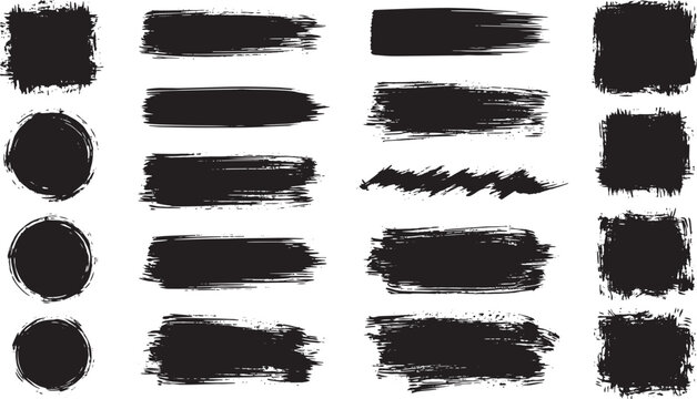 Set of black grunge brush strokes and textured paint spots collection