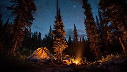 A mesmerizing nightscape of a campsite nestled in a forest, under a starry sky. Firelight illuminates the tent and foreground