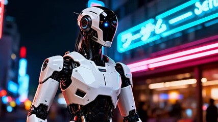 Futuristic robot in neon city - Powered by Adobe