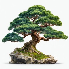 A meticulously shaped miniature tree, flourishing with vibrant green foliage, atop a textured rock base, against a plain white backdrop
