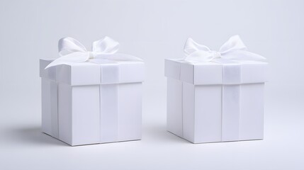 Two Minimalist White Gift Boxes with Satin Ribbons. Luxury Packaging Mockup on a Clean Background.