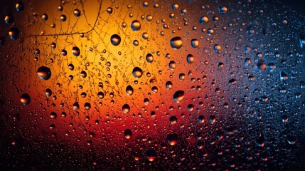 Abstract Water Droplets: A mesmerizing macro shot of water droplets, each a tiny sphere of captured light, clinging to a surface that reflects a fiery gradient of colors.