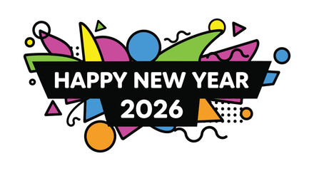 A vibrant new year celebration banner with colorful geometric shapes and bold text design