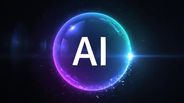 Glowing AI logo on futuristic purple blue sphere with neon light effects