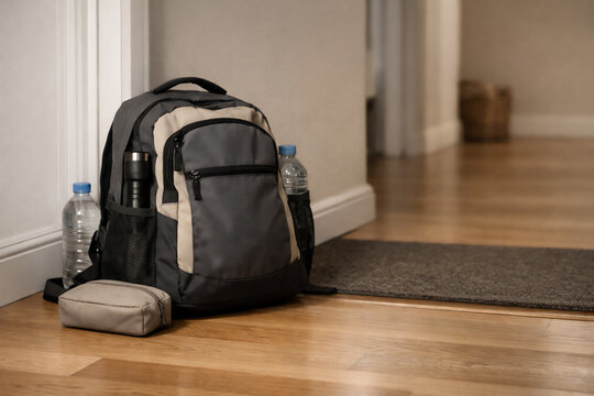 emergency backpack with water bottles at home preparedness safety concept - Powered by Adobe