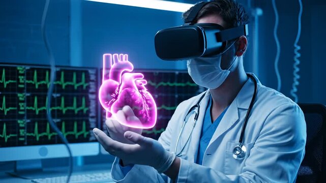 Doctor uses VR headset with holographic heart in medical lab. Doctor examines heart hologram with virtual reality technology. Futuristic doctor studies heart model in VR. ECG monitor displays heart