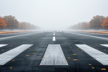 A foggy runway lined with autumn trees, creating a serene and quiet atmosphere, inviting thoughts of travel and exploration.