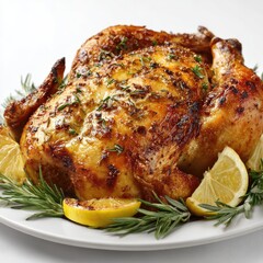 A roasted chicken sits on a white plate, surrounded by sprigs of rosemary and lemon wedges. A golden, crispy exterior is visible