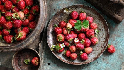 A rustic still life captures vibrant red strawberries overflowing from metal bowls on a textured, weathered surface