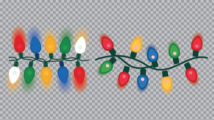Christmas Lights Isolated on Transparent Backgound. Festive Colorful Christmas Lights String Decoration. Vector Graphic for Christmas Cards, Banners, Poster, Web