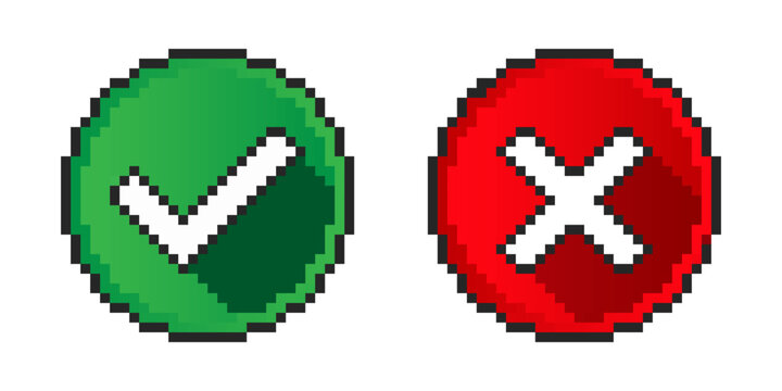Check mark and cross icon in pixel art style. Confirm or approved pixelated symbol. Ok badge