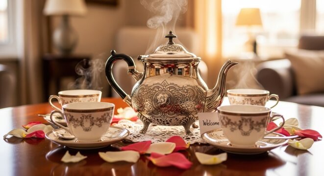 Elegant silver teapot and teacups with rose petals on a wooden table, steaming hot tea ready for serving in a cozy indoor setting. - Powered by Adobe
