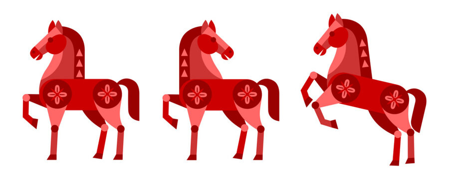 Set of three red folk art horse with geometric pattern. Stylized red horses with traditional Chinese ornament for Year of the Horse. Decorative animal figures. Editable vector illustration.