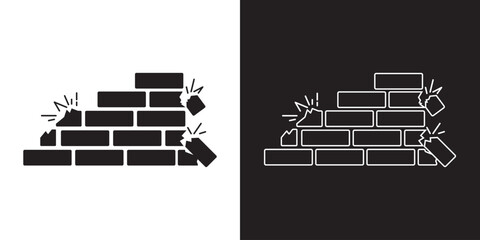 simple under construction icon, vector flat design unsafe building break down brick wall with falling bricks broken. simple square strong brick wall pieces icon, building structure pattern flat,EPS 10
