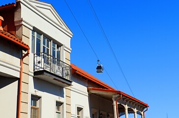 Transport, cable car cabin, funicular in Tbilisi above the houses in the old town