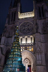 Cathedrale Saint-Andre de Bordeaux and glass Christmas tree illuminated, Bordeaux, France, High quality photo