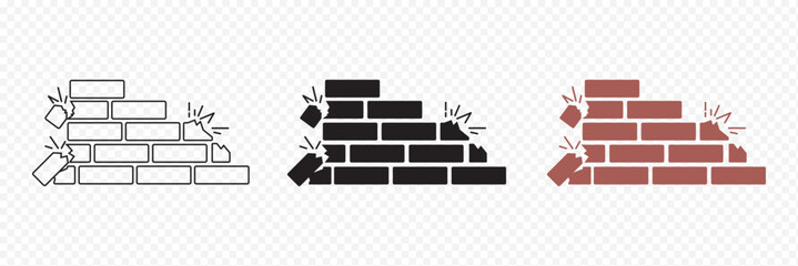 simple under construction icon, vector flat design unsafe building break down brick wall with falling bricks broken. simple square strong brick wall pieces icon, building structure pattern flat,EPS 10