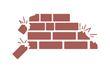 simple under construction icon, vector flat design unsafe building break down brick wall with falling bricks broken. simple square strong brick wall pieces icon, building structure pattern flat,EPS 10