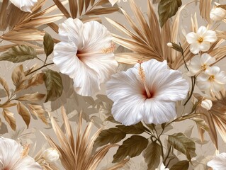 A seamless pattern featuring delicate white hibiscus blooms intertwined with dried, sepia-toned foliage and lush green leaves
