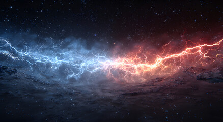 Cosmic collision of red and blue lightning bolts in starry space, representing opposing forces or energy clash in universe.