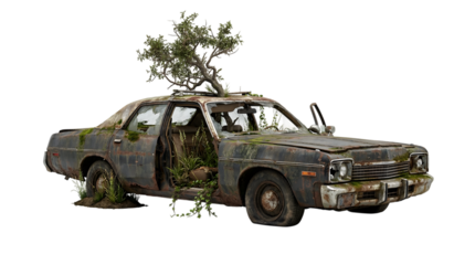Overgrown Rusty Sedan with Tree Growing Through Roof on Black Background