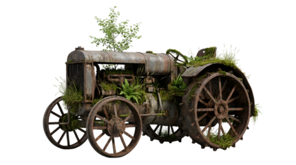 Overgrown Rusty Vintage Tractor with Ferns and Moss on Black Background