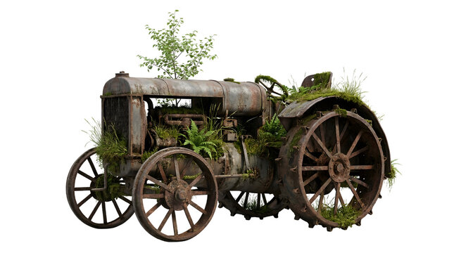 Overgrown Rusty Vintage Tractor with Ferns and Moss on Black Background