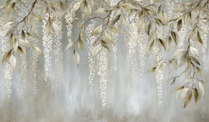 A serene image showcasing hanging floral arrangements and foliage against a soft, textured, and muted-toned backdrop