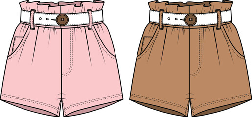 Women High Waisted Paperbag Shorts Vector Flat Sketch Illustration with Belted Waist Technical Drawing Template for Fashion Design and Mockup