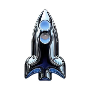 3D chrome rocket icon. Metallic silver spaceship symbol for startup or speed with glossy reflection. Y2K aesthetic liquid metal style.