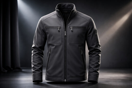 Charcoal grey tactical style softshell jacket with multiple utility zipper pockets and sleek minimalist design for urban autumn outerwear collection on dark studio