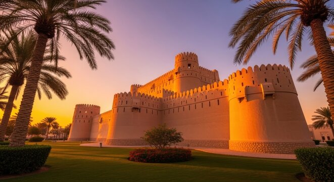 Al Jahili Fort in Al Ain, UAE, glowing under the warm light of a beautiful sunset with palm trees and green lawns.