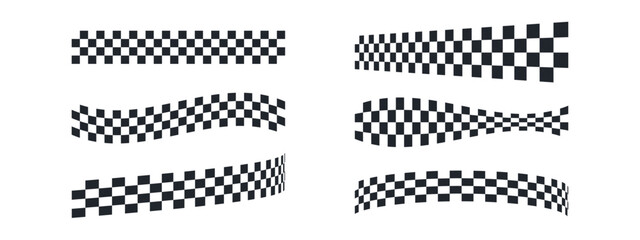 Motorsport finish ribbons in wavy and straight forms. Classic black-white square patterns for racing events. Speed circuit banners, winner celebration graphics, vector elements.