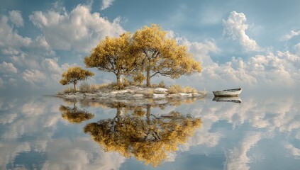 A serene scene features a small, golden-leaved island with trees and a small boat on a still lake, reflected beautifully