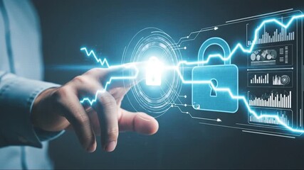 Man's hand touches futuristic interface with padlock and data charts for digital security - Powered by Adobe
