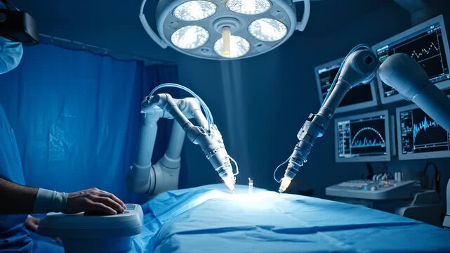 Surgeon controls robotic surgery arms in operating room. Robot performs surgery on patient under surgical light. Surgeon uses VR headset to control robot arms. Medical robot surgery in modern hospital