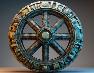 Intricately carved ancient stone wheel with symbolic rim details