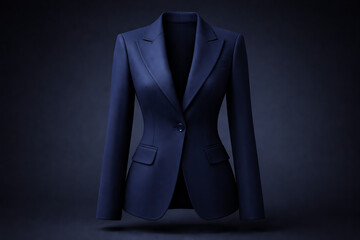 Sleek navy blue tailored blazer for women with a sharp lapel and feminine silhouette captured in a dark moody studio setting for luxury