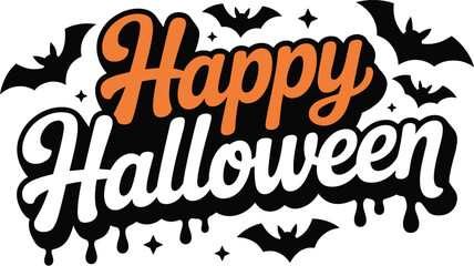 Happy Halloween typography with bats and dripping text, spooky orange and white lettering design, horror celebration message, scary festive greeting vector illustration background © Riko Creations