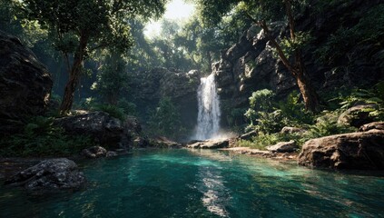 A serene tropical scene featuring a cascading waterfall flowing into a crystal clear pool. Lush greenery surrounds