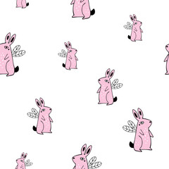 Cute Cartoon Seamless Pattern with Pink Fairy Rabbits with White Wings. Ideal for Nursery Fabric, Wallpaper, and Kids Accessories