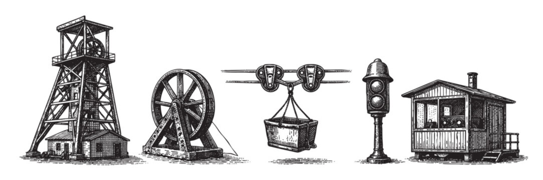 A collection of vintage industrial elements including a mine headframe, winding wheel, cable car, signal post, and shack in a detailed black and white sketch style.