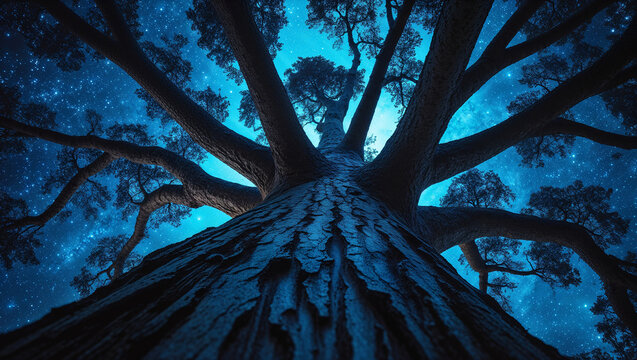 Mystical forest tree silhouette reaching into starry cosmic night sky with surreal upward perspective and spiritual solitude under celestial universe - Powered by Adobe