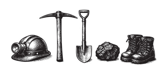 A vintage illustration depicts mining equipment including a hard hat, pickaxe, shovel, coal, and boots arranged against a stark white background.