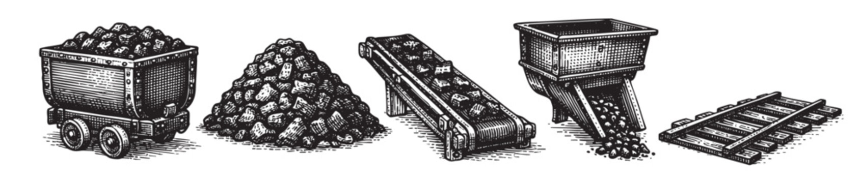 A detailed black and white illustration depicts various elements of coal mining, including a mine cart, pile of coal, conveyor belt, hopper, and railway tracks, presented in a vintage etching style.