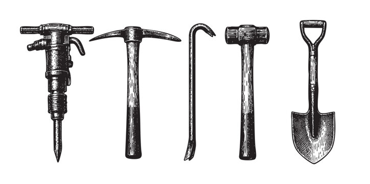 A vintage engraving style illustration showcases a collection of heavy-duty construction tools arranged in a line against a white background.