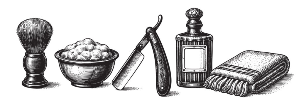 A collection of vintage grooming essentials rendered in a classic black and white engraving style, perfect for retro barber shop designs or traditional masculine themes.
