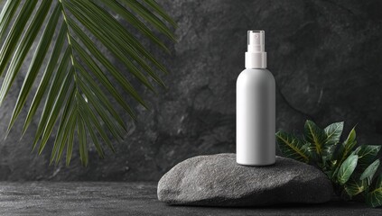 A sleek, white spray bottle sits on a grey rock against a dark, textured backdrop. Green leaves accent the product