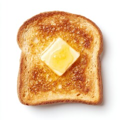 A slice of toasted bread with a square pat of melting butter on a white background. The bread is golden-brown