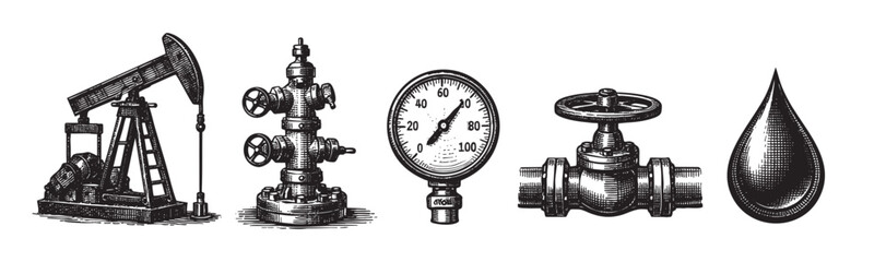 A black and white, retro engraving style illustration showcasing essential oil industry equipment: a pump jack, wellhead, pressure gauge, valve, and a drop of oil, against a clean white background.
